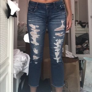 destroyed mid calf denim jeans